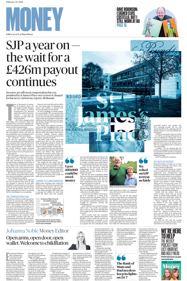 Article about St. James's Place and delayed client payouts.